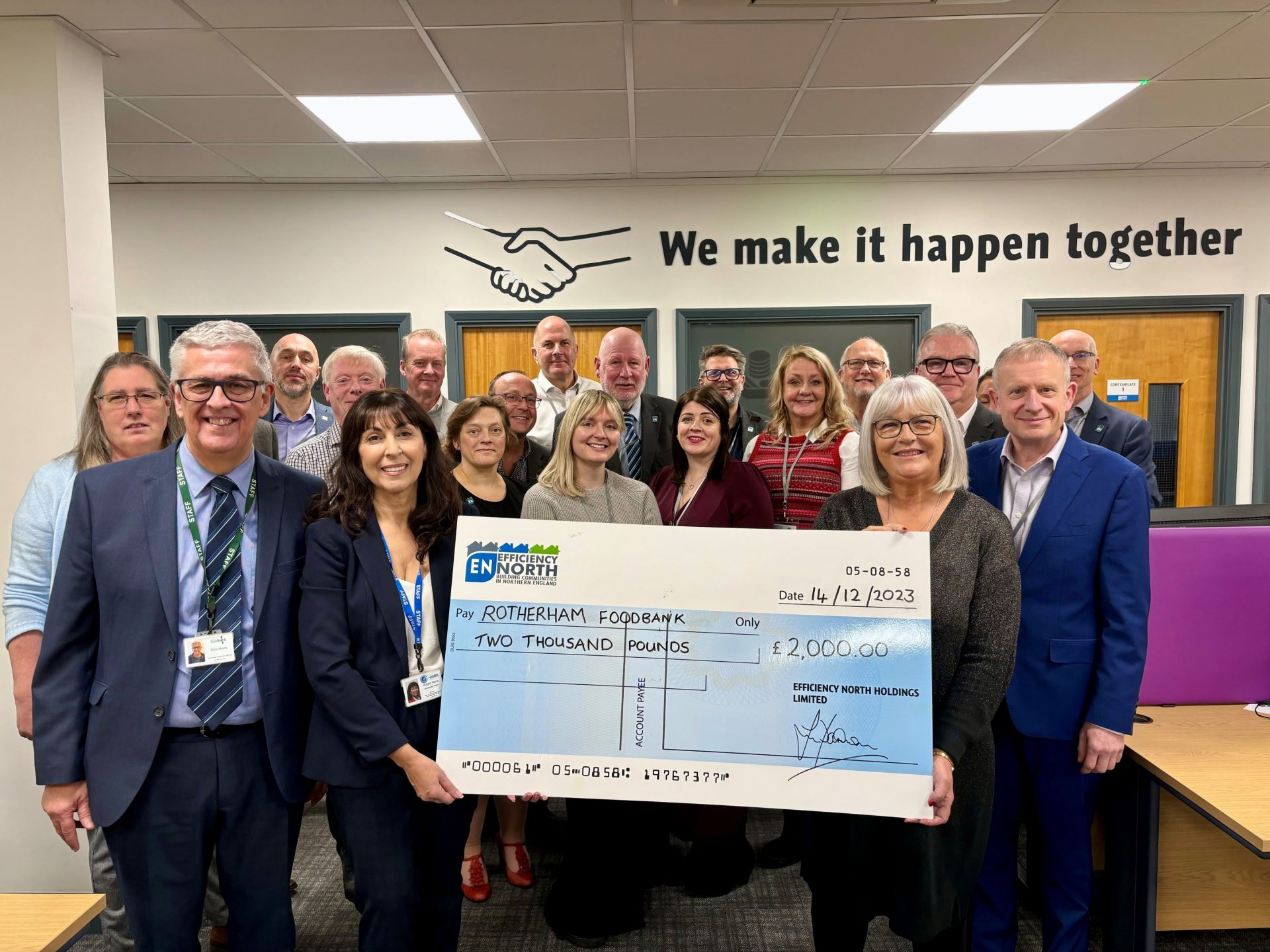 Rotherham Foodbank has received a donation of 2000 from Yorkshire based social housing consortium Efficiency North this Christmas FOODBANKS GET THE BACKING OF HOUSING CONSORTIUM WITH £3K DONATION 