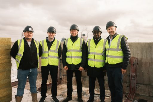 JQR Topping Out L to R Anthony Grant Mark McCann Joe Billingham William Amankwah Peter Lumb MAJOR MILESTONE FOR JEWELLERY QUARTER GATEWAY SCHEME AS BUILDING TOPS OUT