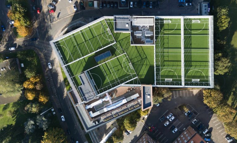 Smart spatial planning maximises every level of the site, including four rooftop 3G artificial pitches and dedicated rooftop community gardens