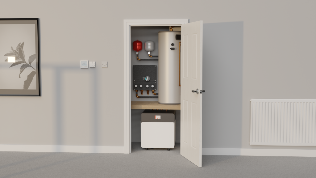 The Kensa Shoebox NX in an airing cupboard with a hot water cylinder and a passive cooling module