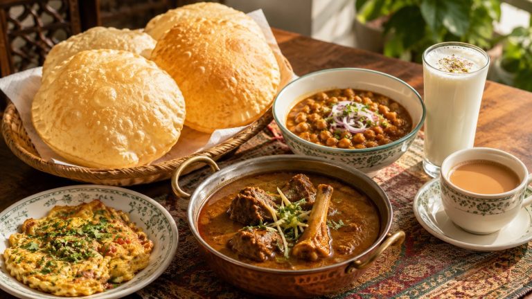 Traditional Pakistani breakfast with halwa puri chana and chai