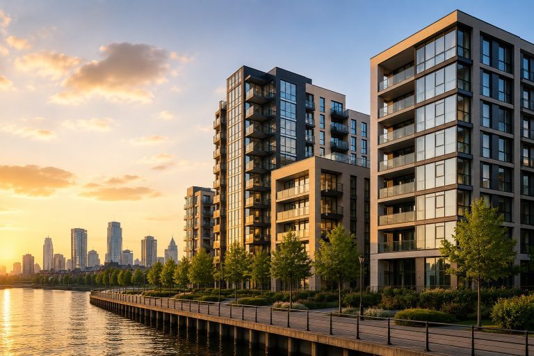 Modern build to rent apartment buildings in a UK city showing professionally managed rental homes and urban housing development.