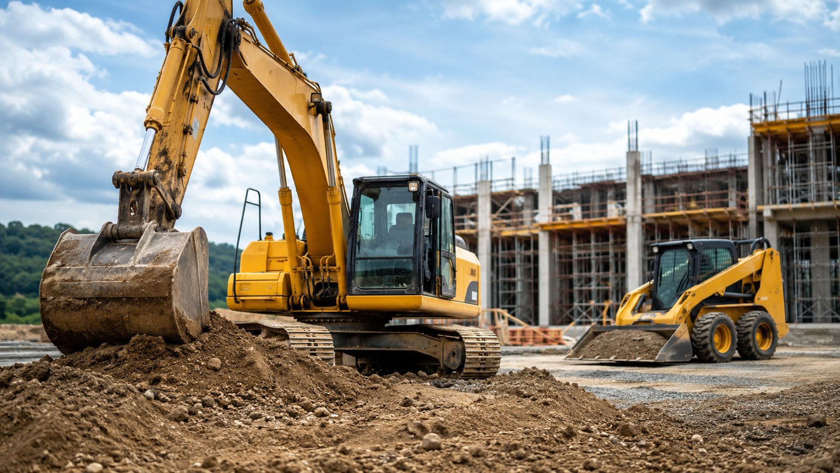 Construction equipment excavator and loader on site