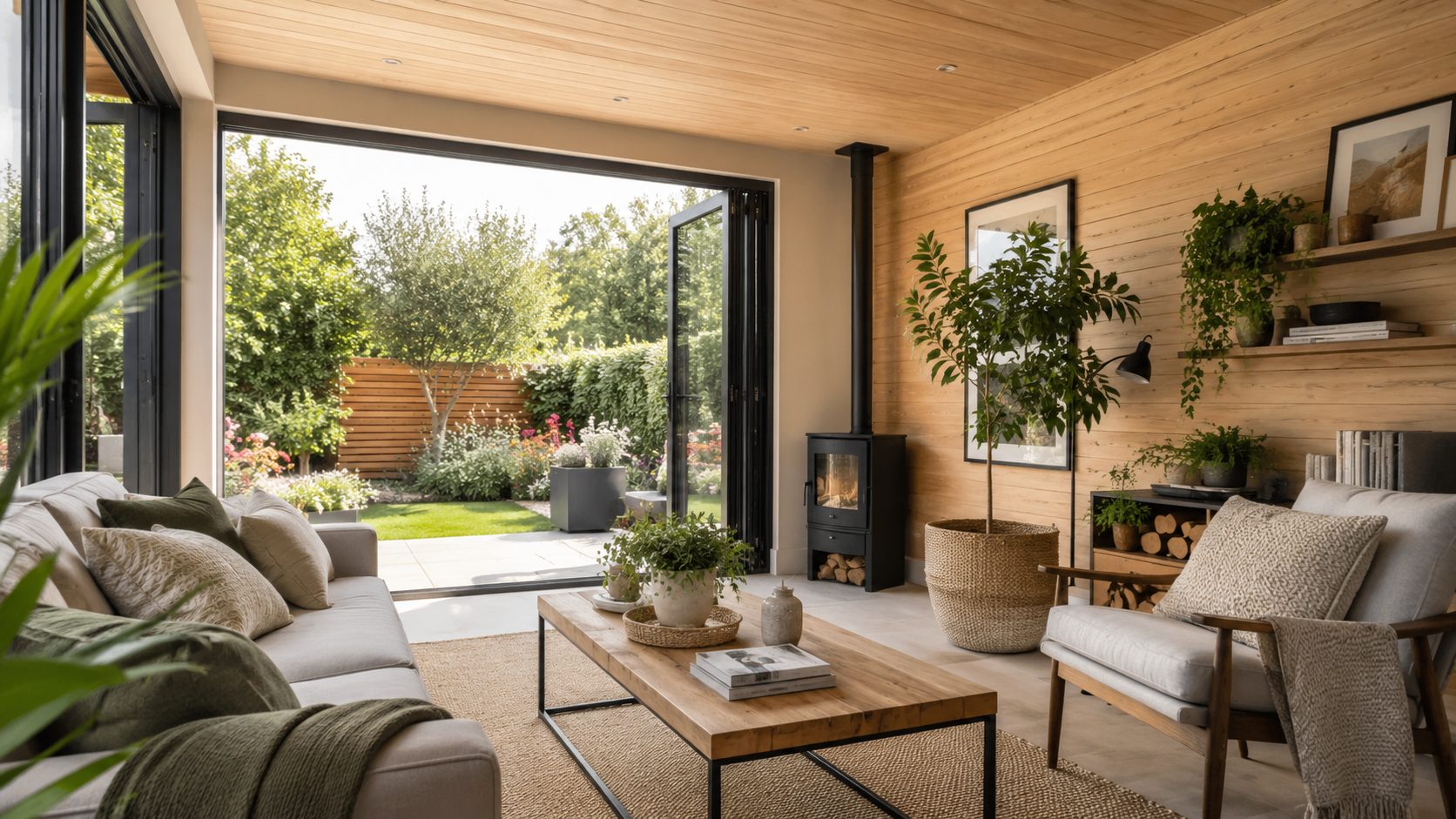 Garden room home office with wooden desk, soft lighting and relaxing seating area