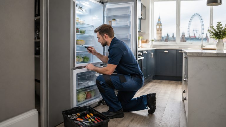 Fridge freezer repair engineer checking an appliance in a modern London kitchen