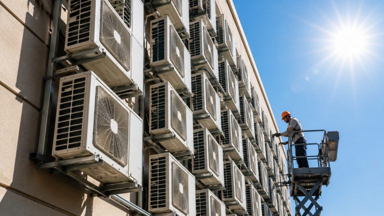 How Preventive AC Maintenance Cuts DEWA Bills in Dubai Homes AC maintenance Dubai technician servicing outdoor air conditioning units