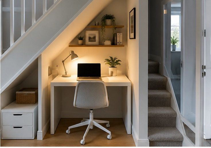 stairs home office setup with compact desk, chair and warm lighting