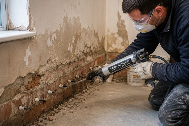 Damp proofing specialist inspecting moisture damage on an interior wall in a UK home.