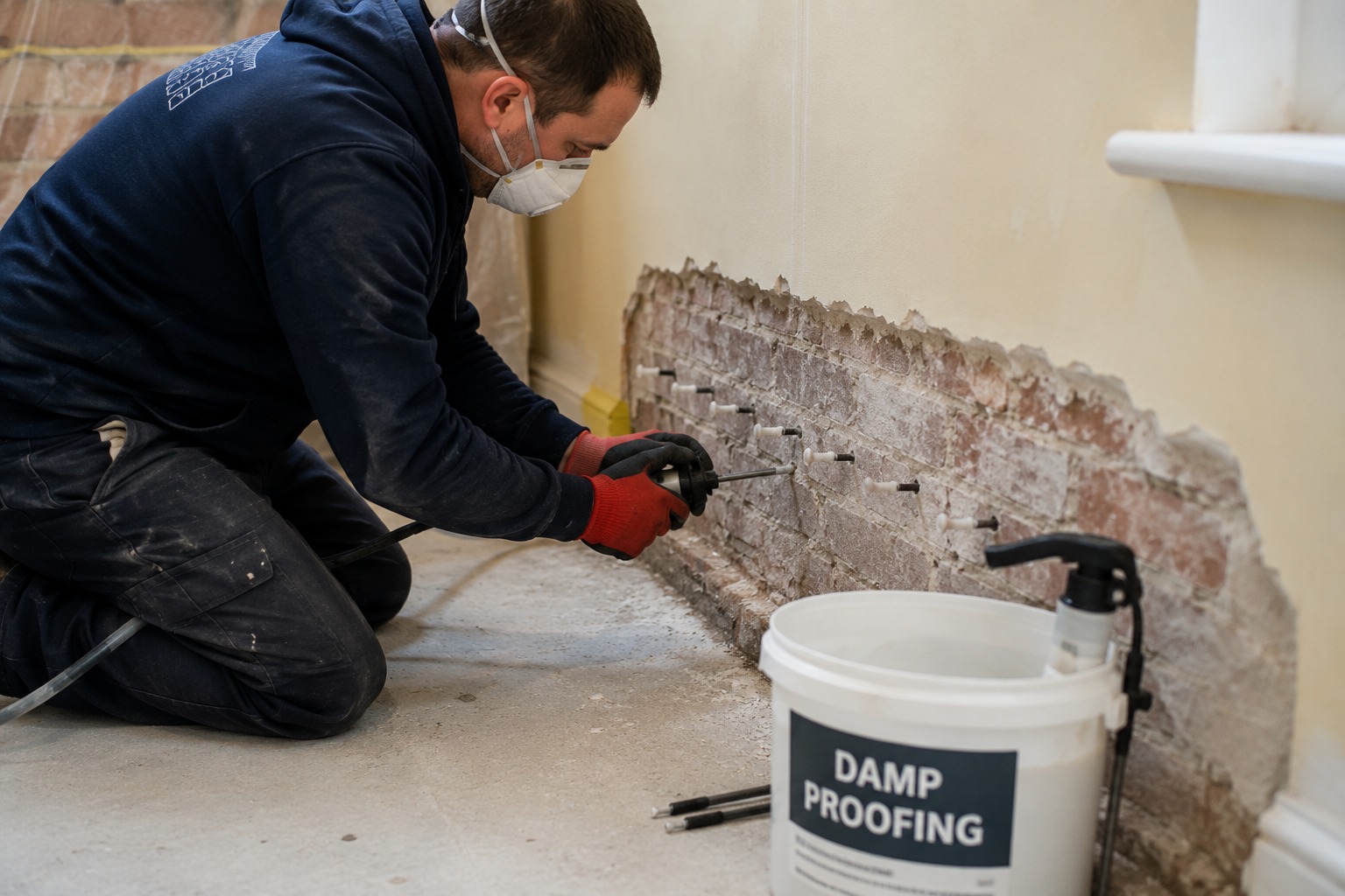 Worker applying damp-proofing treatment to an exposed brick wall in a UK home.