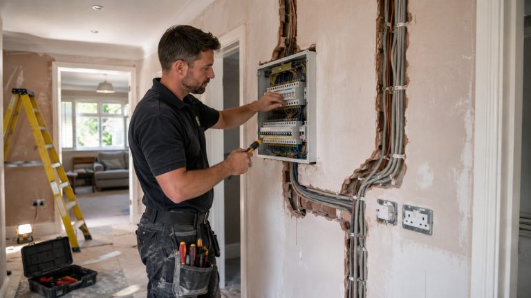 How Much Does It Cost to Rewire a House in the UK in 2026? Electrician installing new wiring during a full house rewire in a UK home