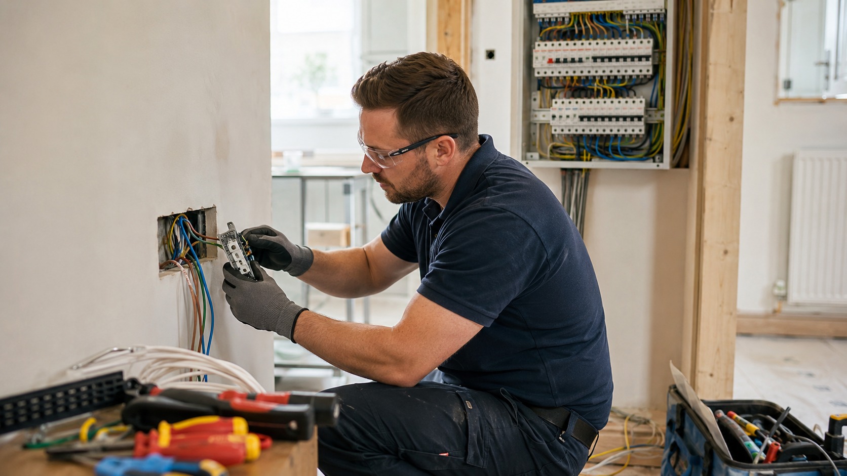 Electrician rewiring a wall socket in a UK home during renovation.