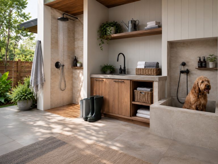 Why Outdoor Showers, Utility Zones and Pet Wash Areas Are Having a Moment Modern outdoor utility zone with shower and pet wash area