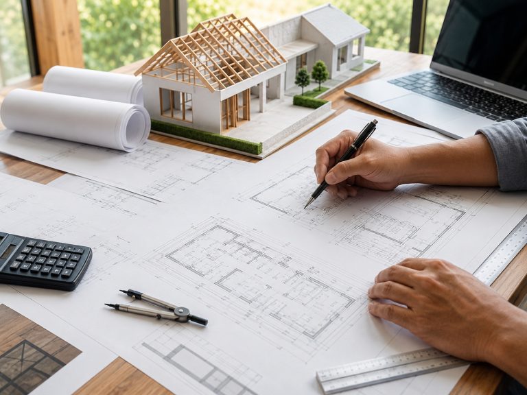 Architect reviewing house extension drawings beside a model home and detailed building plans.
