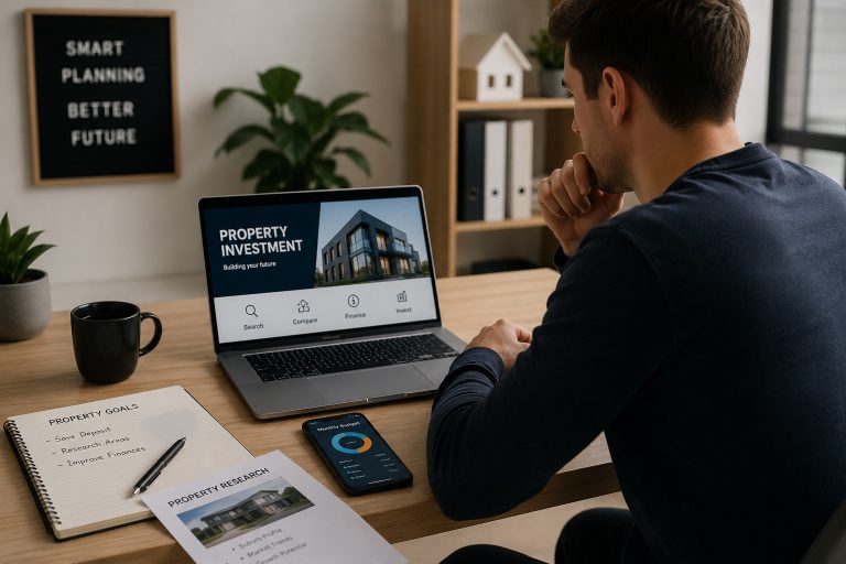 Young Australian property investor reviewing digital finances and property investment options