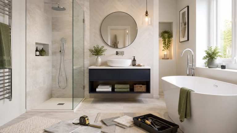 Bathroom Renovation Cost UK Complete Price Guide Modern renovated bathroom in a UK home with shower, bath and vanity unit
