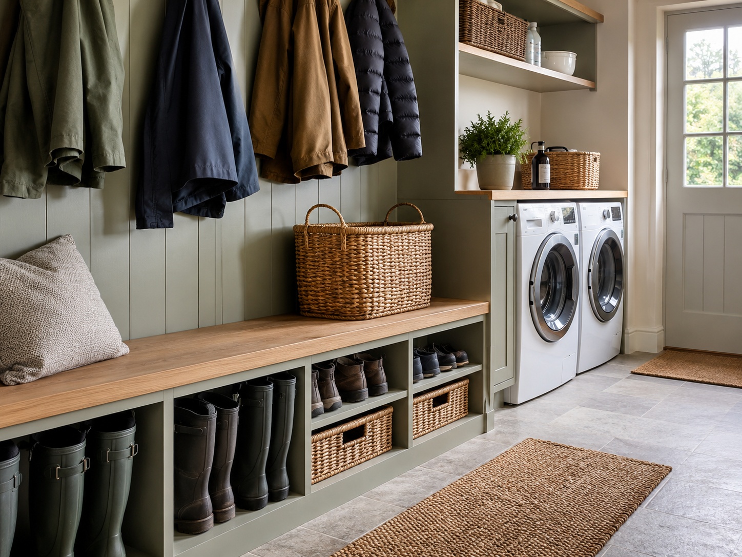 Boot room utility ideas with built-in bench, coat hooks and laundry storage in a UK home