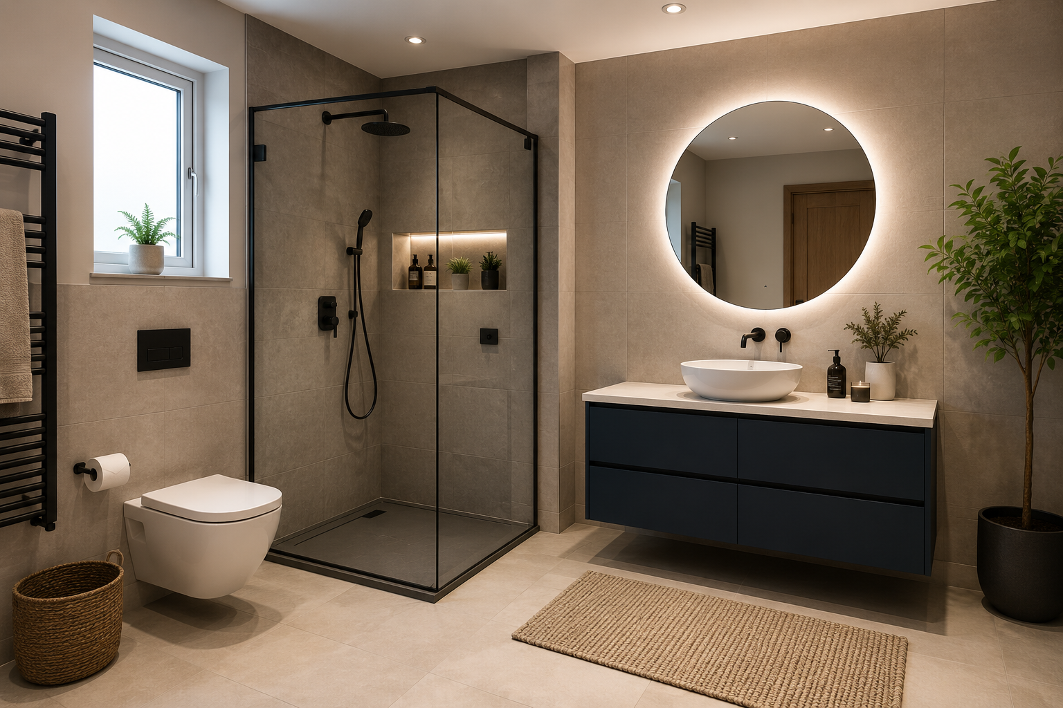 Modern UK bathroom renovation with walk-in shower, floating vanity, round illuminated mirror and neutral tiled interior.