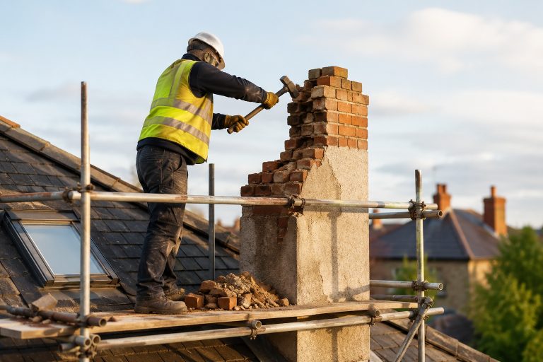 How Much Does Chimney Removal Cost in the UK in 2026? Builder safely removing a brick chimney stack from the roof of a UK house