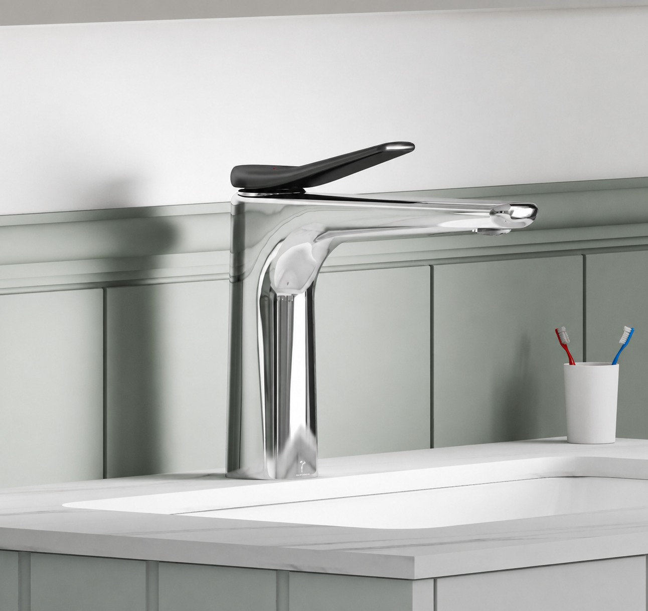 Chrome monobloc bathroom tap above a white basin in a modern bathroom.