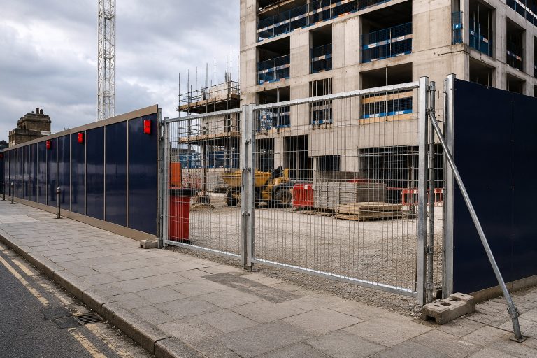 Secure construction site perimeter fencing and access gate beside a public footpath