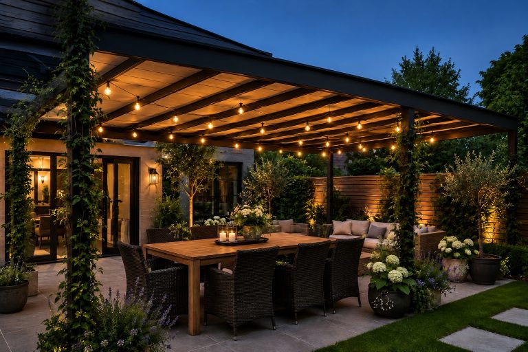 12 Covered Pergola Ideas for a Stylish, Weather-Ready UK Garden Covered timber pergola with a retractable roof over a UK garden dining area