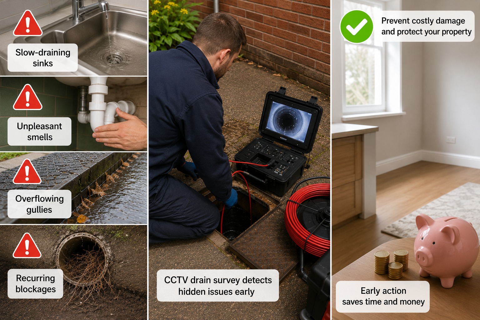 CCTV drain survey showing warning signs of blocked drains and early drainage maintenance benefits