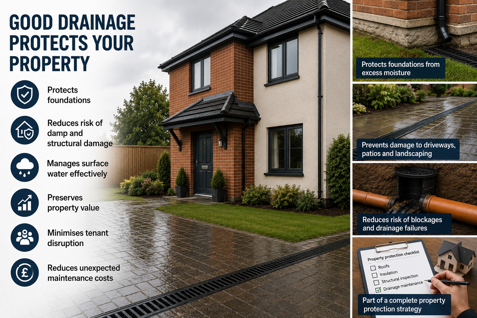 Good drainage system protecting a modern property from damp, blockages and water damage