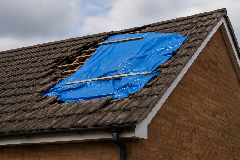 Emergency Roof Repairs in Swindon: What to Do First and What It Costs Emergency roof repair on a house in Swindon after storm damage