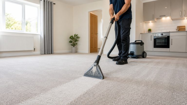 End-of-Tenancy Carpet Cleaning: When to DIY and When to Hire a Machine Person using a hot-water extraction machine for end-of-tenancy carpet cleaning in a rental property.