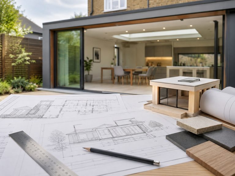 Architect reviewing detailed house extension drawings and building regulation plans for a UK home.