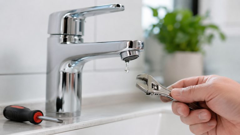 How to Fix a Dripping Tap: A Step-by-Step Guide for UK Homes A person holding a wrench beside a dripping chrome tap with a screwdriver on the sink.