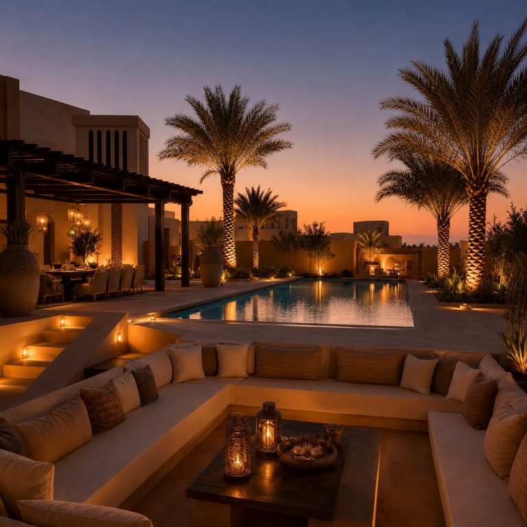 How Outdoor Living Spaces Are Redefining Luxury Hospitality and Home Design Luxury outdoor living space with a covered patio, swimming pool and modern seating at sunset.