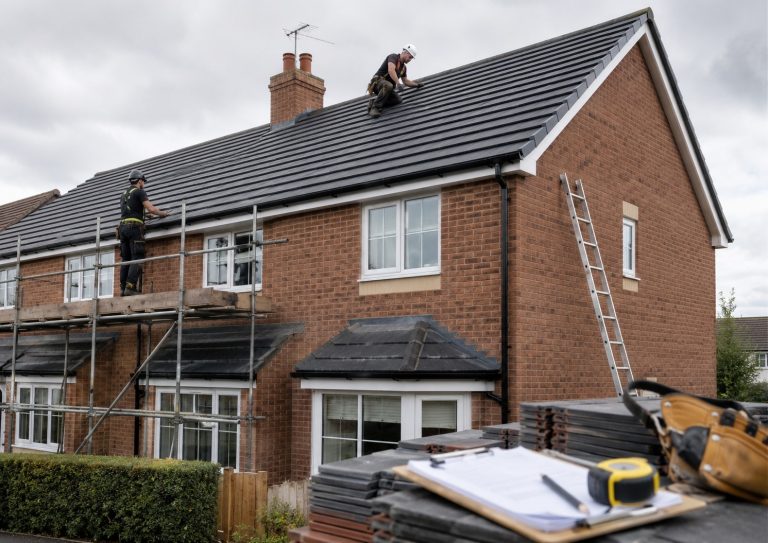 How Much Does a New Roof Cost in the UK in 2026? Roofers replacing tiles on a UK house roof