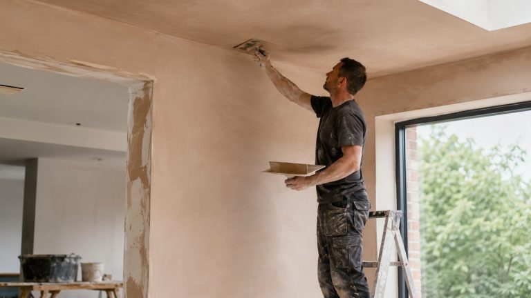How Much Does Plastering Cost in the UK in? Professional plasterer smoothing fresh plaster on an interior wall during a UK home renovation project.