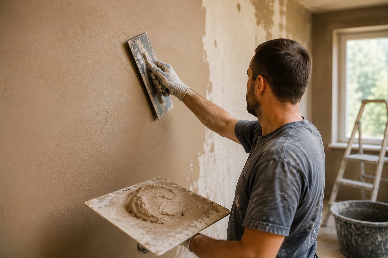 Plasterer applying and smoothing fresh plaster on an interior wall during a UK home renovation.