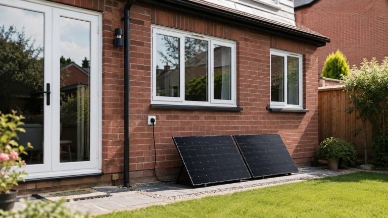 Plug-in solar panels mounted securely on the balcony of a modern UK apartment.