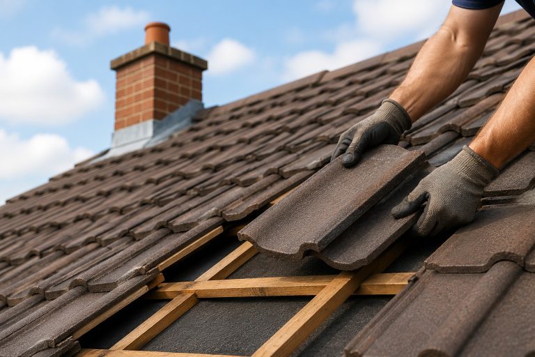 Roof Repair Cost UK 2026: Prices by Damage Type Roofers repairing damaged tiles on a UK house roof