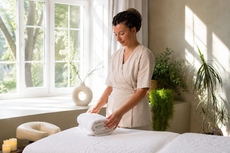 Spa employee preparing fresh towels from a professional laundry service