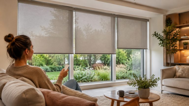 What It’s Really Like to Own Smart Blinds Woman using a remote to control smart roller blinds in a modern living room.