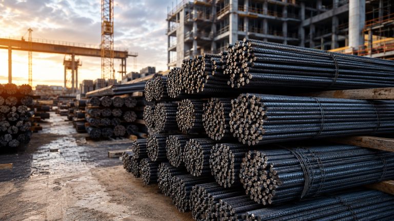 UK steel policy and reinforcing bar stored at a construction steel yard