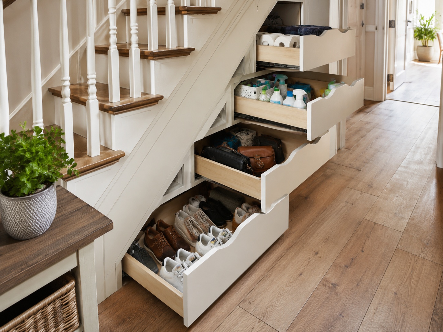 Fitted under stairs drawers in a modern UK hallway