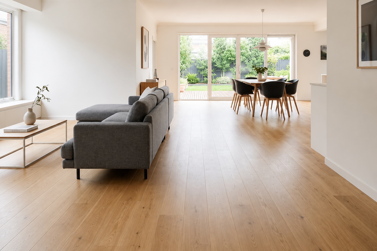 Bright minimalist open-plan living and dining room with spacious wooden flooring and garden views.