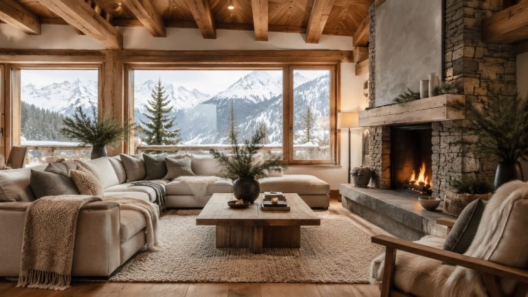 Alpine interior design with natural wood, stone and cosy winter textures