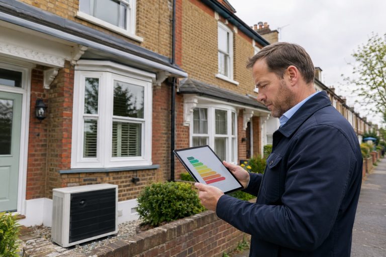 Landlord reviewing an energy performance rating outside a UK rental property