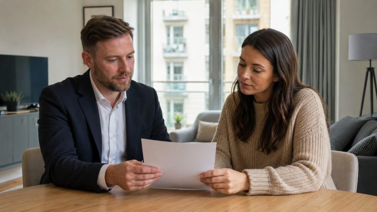 Landlord and tenant reviewing a rent increase notice in a modern rental property