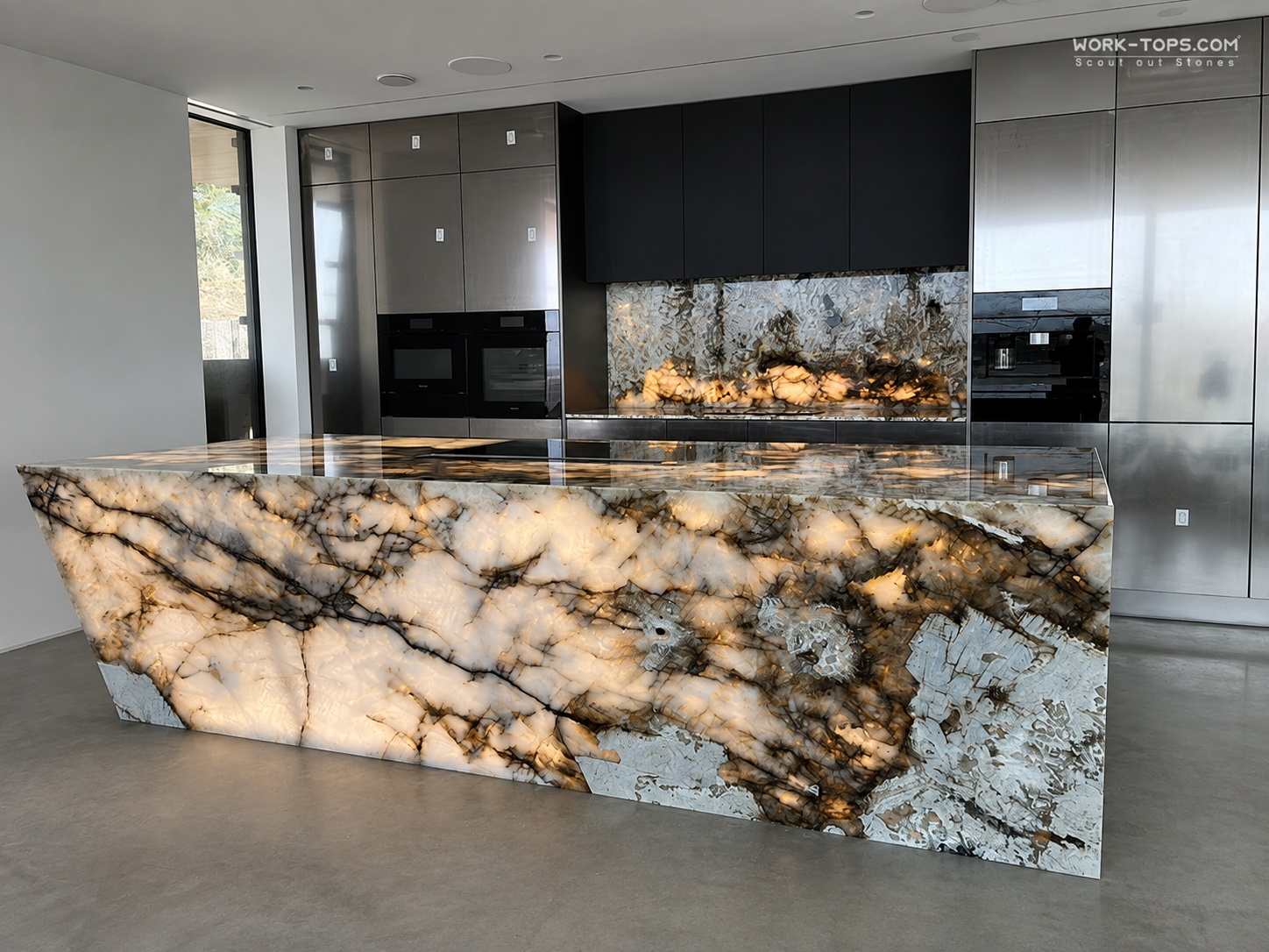 Backlit quartzite kitchen island with matching stone splashback in a modern luxury kitchen