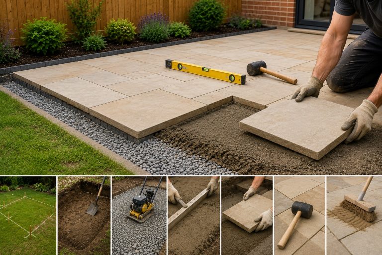 How to Lay a Patio: A UK Step-by-Step Guide for Beginners DIY patio being laid with paving slabs on a prepared mortar bed in a UK garden