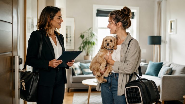Landlord discussing a tenant pet request with a renter holding a small dog in a rented home