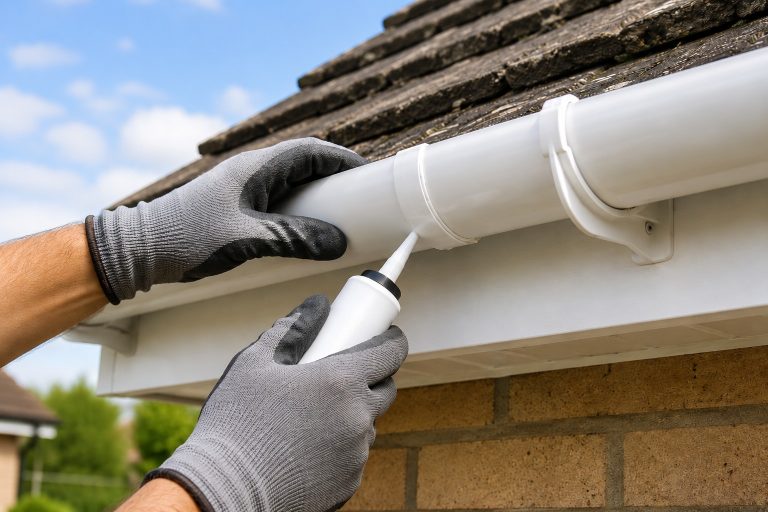 How to Fix a Leaking Gutter Joint: Causes, Costs and Easy Repairs Gloved hands replacing the rubber seal in a leaking uPVC