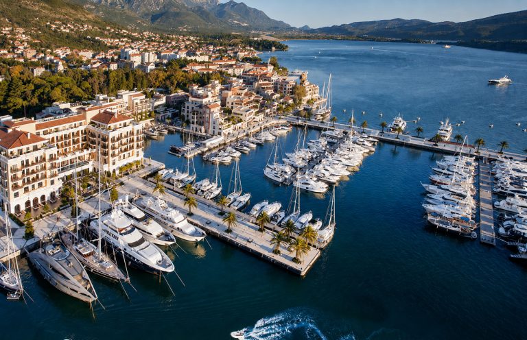 The Best Superyacht Marinas in the Mediterranean: A Luxury Guide Aerial view of Porto Montenegro superyacht marina in the Bay of Kotor